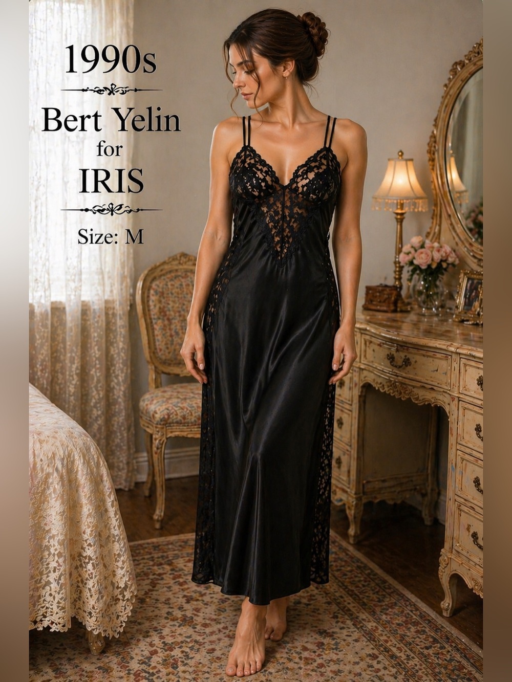 Vintage 90s Bert Yelin IRIS Black Satin Lace Slip Dress Gown M